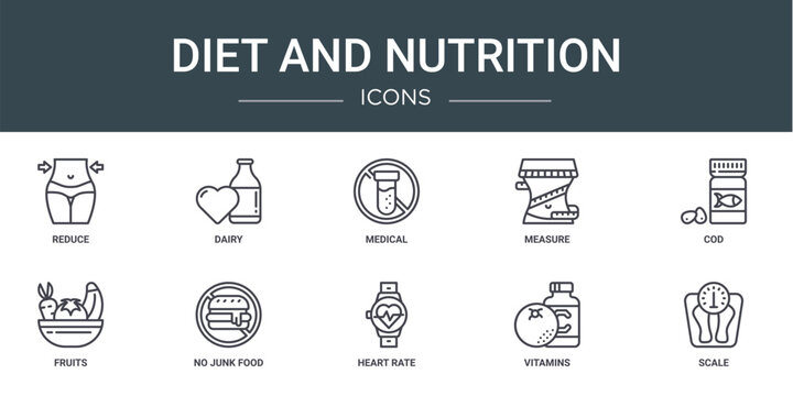 set of 10 outline web diet and nutrition icons such as reduce, dairy, medical, measure, cod, fruits, no junk food vector icons for report, presentation, diagram, web design, mobile app