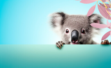 Creative animal concept. Koala peeking over pastel bright background.