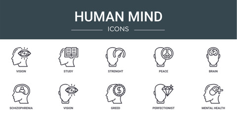 set of 10 outline web human mind icons such as vision, study, strenght, peace, brain, schizophrenia, vision vector icons for report, presentation, diagram, web design, mobile app