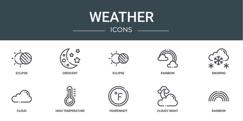 set of 10 outline web weather icons such as eclipse, crescent, eclipse, rainbow, snowing, cloud, high temperature vector icons for report, presentation, diagram, web design, mobile app