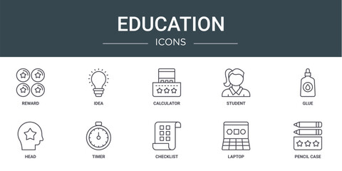 set of 10 outline web education icons such as reward, idea, calculator, student, glue, head, timer vector icons for report, presentation, diagram, web design, mobile app