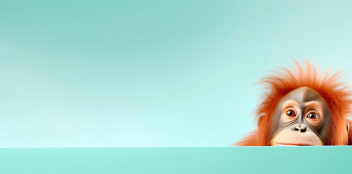 Creative animal concept. Orangutan peeking over pastel bright background.