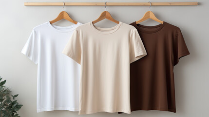 plain t-shirts of different colors hang on a hanger, store interior blur. - obrazy, fototapety, plakaty