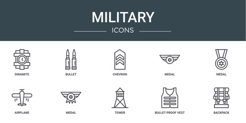 set of 10 outline web military icons such as dinamite, bullet, chevron, medal, medal, airplane, medal vector icons for report, presentation, diagram, web design, mobile app