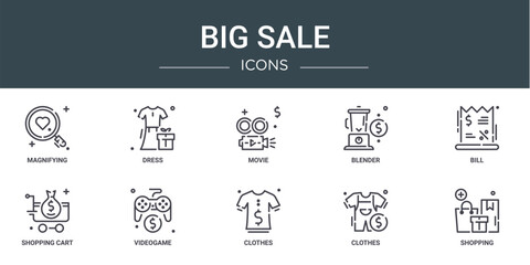 set of 10 outline web big sale icons such as magnifying, dress, movie, blender, bill, shopping cart, videogame vector icons for report, presentation, diagram, web design, mobile app