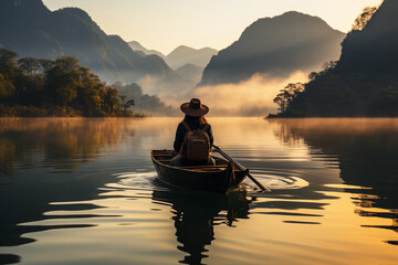 A man in a boat in a mountain lake, a beautiful sunset, Generative AI
