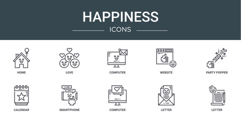set of 10 outline web happiness icons such as home, love, computer, website, party popper, calendar, smartphone vector icons for report, presentation, diagram, web design, mobile app