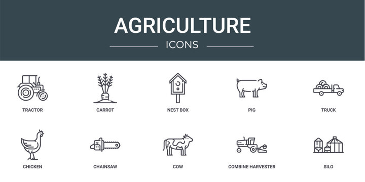 set of 10 outline web agriculture icons such as tractor, carrot, nest box, pig, truck, chicken, chainsaw vector icons for report, presentation, diagram, web design, mobile app