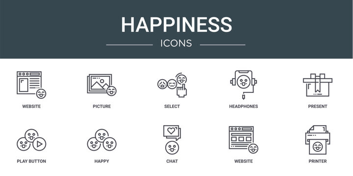 set of 10 outline web happiness icons such as website, picture, select, headphones, present, play button, happy vector icons for report, presentation, diagram, web design, mobile app