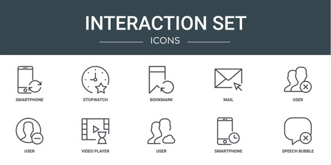set of 10 outline web interaction set icons such as smartphone, stopwatch, bookmark, mail, user, user, video player vector icons for report, presentation, diagram, web design, mobile app