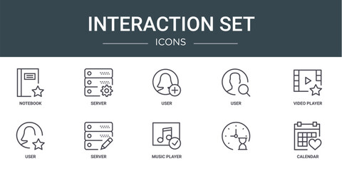 set of 10 outline web interaction set icons such as notebook, server, user, user, video player, user, server vector icons for report, presentation, diagram, web design, mobile app