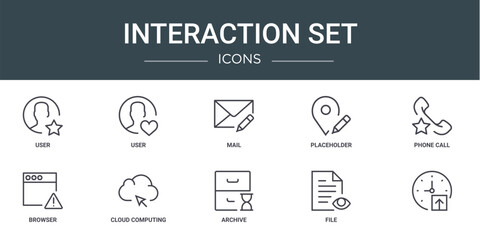 set of 10 outline web interaction set icons such as user, user, mail, placeholder, phone call, browser, cloud computing vector icons for report, presentation, diagram, web design, mobile app