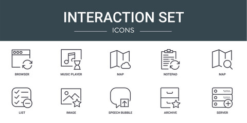 set of 10 outline web interaction set icons such as browser, music player, map, notepad, map, list, image vector icons for report, presentation, diagram, web design, mobile app