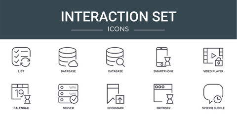set of 10 outline web interaction set icons such as list, database, database, smartphone, video player, calendar, server vector icons for report, presentation, diagram, web design, mobile app