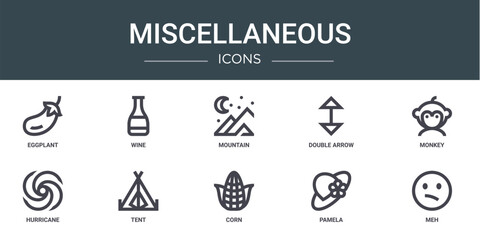 set of 10 outline web miscellaneous icons such as eggplant, wine, mountain, double arrow, monkey, hurricane, tent vector icons for report, presentation, diagram, web design, mobile app