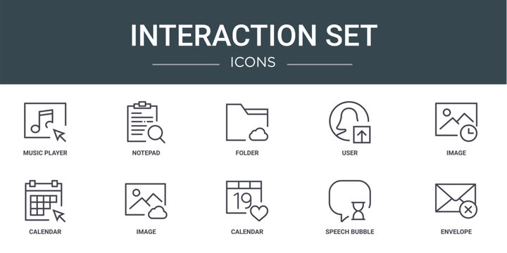 set of 10 outline web interaction set icons such as music player, notepad, folder, user, image, calendar, image vector icons for report, presentation, diagram, web design, mobile app