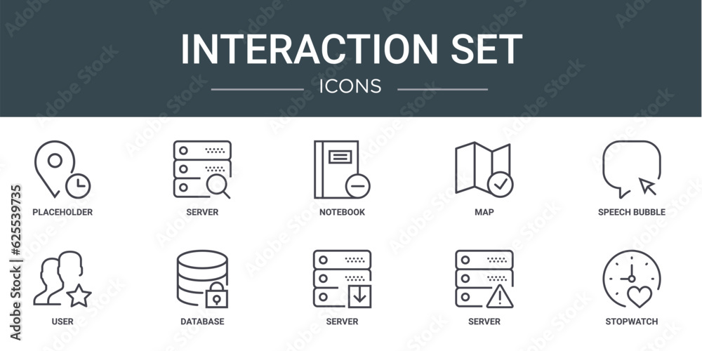 Wall mural set of 10 outline web interaction set icons such as placeholder, server, notebook, map, speech bubbl