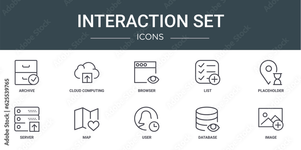 Wall mural set of 10 outline web interaction set icons such as archive, cloud computing, browser, list, placeho