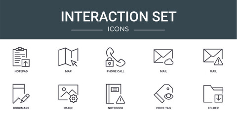 set of 10 outline web interaction set icons such as notepad, map, phone call, mail, mail, bookmark, image vector icons for report, presentation, diagram, web design, mobile app