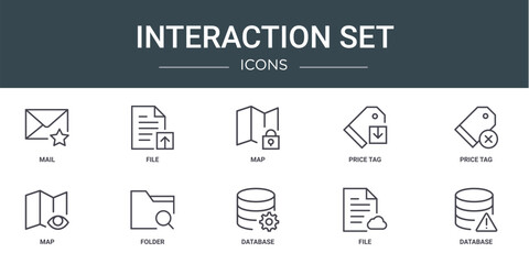 set of 10 outline web interaction set icons such as mail, file, map, price tag, price tag, map, folder vector icons for report, presentation, diagram, web design, mobile app