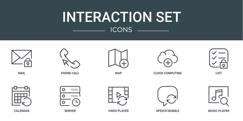 set of 10 outline web interaction set icons such as mail, phone call, map, cloud computing, list, calendar, server vector icons for report, presentation, diagram, web design, mobile app