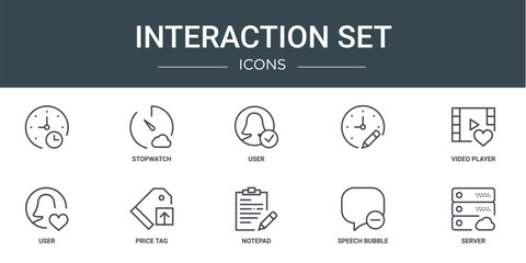 set of 10 outline web interaction set icons such as , stopwatch, user, video player, user, price tag vector icons for report, presentation, diagram, web design, mobile