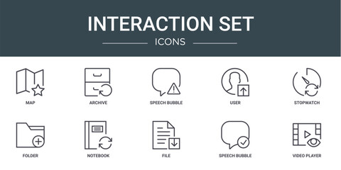 set of 10 outline web interaction set icons such as map, archive, speech bubble, user, stopwatch, folder, notebook vector icons for report, presentation, diagram, web design, mobile app