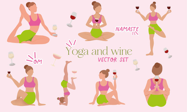 Vector Yoga and Wine set. Girl with wine glass doing yoga, asana, meditation. Funny and colorful vector set  for posters, stickers, getting card, banner, invitation