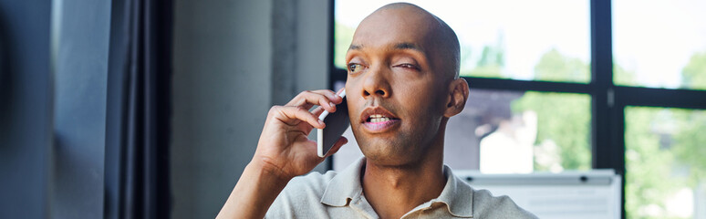phone call, african american man with myasthenia gravis disease talking on smartphone, phone call,...