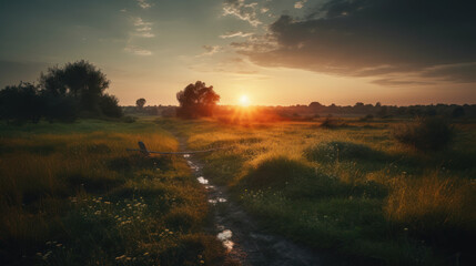 Fototapeta na wymiar Sunset in meadow, forest