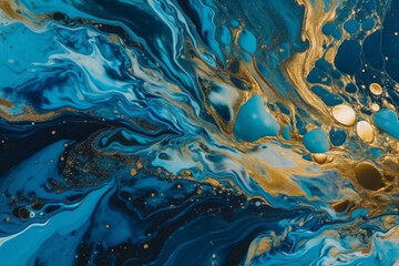 Marbled blue and golden abstract background. Liquid marble ink pattern. generative ai