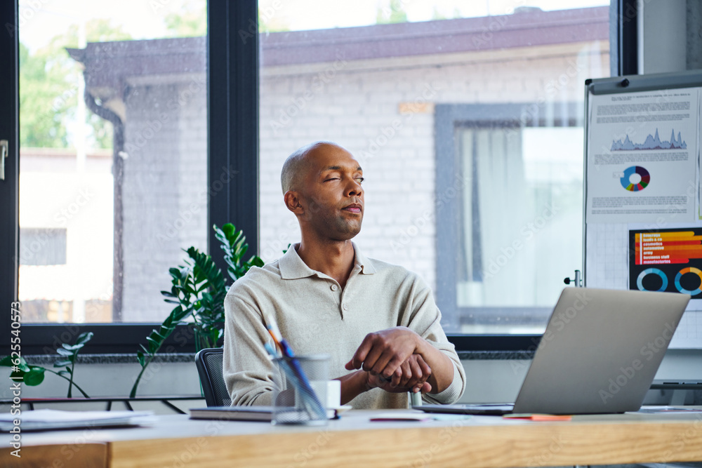 Poster myasthenia gravis disease, bold african american man at work, dark skinned office worker with ptosis syndrome holding walking cane, diversity and inclusion, corporate culture