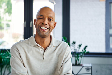 professional headshots, cheerful dark skinned man with myasthenia gravis disease looking at camera,...