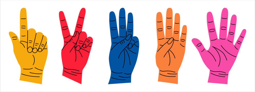 Set of colorful hands with different gestures. Hands show one, two, three, four, five. Hand drawn vector illustration isolated on white background. Modern trendy flat cartoon style.