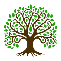 Tree with green leaves, tree of life, isolated on white background, vector illustration.