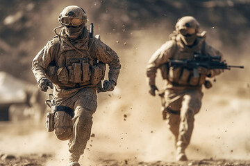 United States Marine Corps special forces soldiers in action during a desert mission generative ai - obrazy, fototapety, plakaty