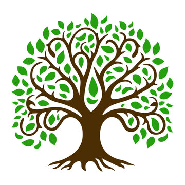 Tree with green leaves, tree of life, isolated on white background, vector illustration.
