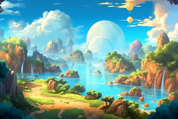 Naklejka na ściany i meble Cartoon landscape with sea, island and sky - illustration for children generative ai