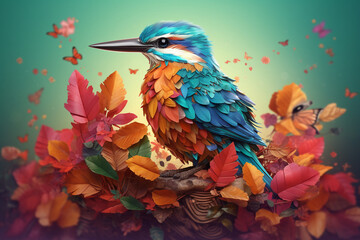 Colorful bird sitting on a branch with autumn leaves and butterflies. generative ai
