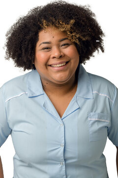 vertical portrait of afro-latin medical woman smiling and looking at the camera on white background.