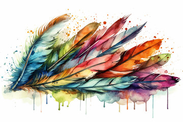 Beautiful hand drawn watercolor illustration with feathers isolated on white background