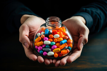 Hands holding glass bowl full of medication with different types and colours. AI generated