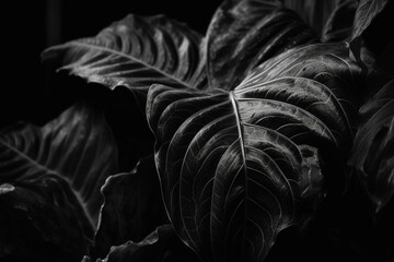 Black and white monochrome photo of monstera leaves, dark tone