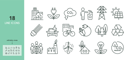 Reduce CO2 emissions line icon set. Bicycle, green city, energy efficient light bulb, electric car, recycling, biofuel, wind turbine, solar panel vector illustration. Outline sings. Editable Stroke