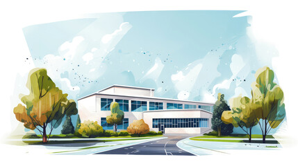 Sustainable Design Concept: Modern illustration sketch school building with energy efficient windows and blue sky