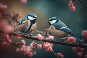 Couple of Blue Tit (Parus caeruleus) on Cherry Blossom 