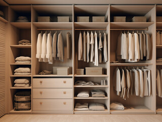 Obraz na płótnie Canvas Elegant interior for a beige walk-in wardrobe. Generative AI