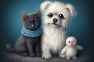 Adorable Fluffy Dog with Little Cats. Generative AI