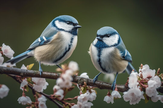 Couple of Blue Tit (Parus caeruleus) on Cherry Blossom 