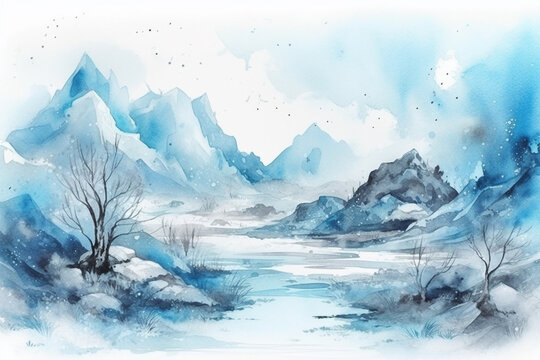 Watercolor painting of mountain landscape with lake and forest. Hand drawn illustration